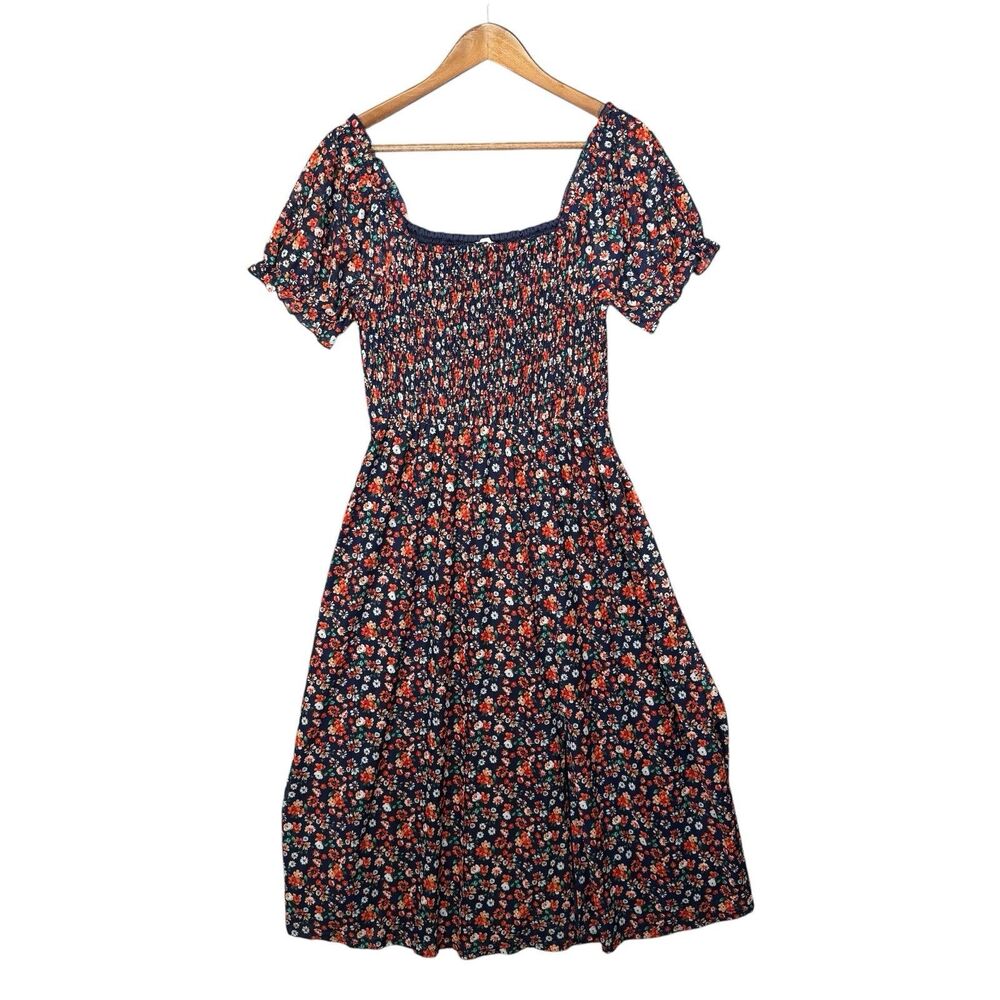 Siren Lily Floral Midi Dress Smocked Puff Sleeve Medium Blue Orange Flowy Lined